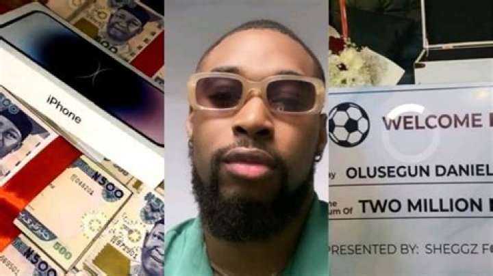 
BBNaija Sheggz Receives Iphone14 Promax, N2 Million Cheque, Designer Perfumes, Box Of Cash And Other Expensive Gifts From Fans 