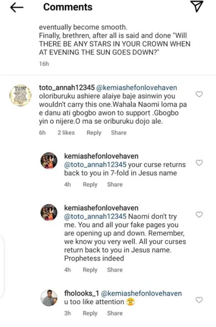 
“Remember, we know you very well”- Blogger Kemi Ashefon issues warning to Evangelist Naomi for reportedly cursing her 